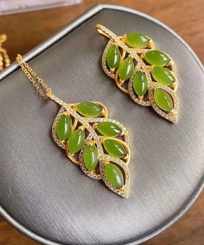 Beautiful Green Jade Zircon Leaf Pendant Necklace Ada Fashion