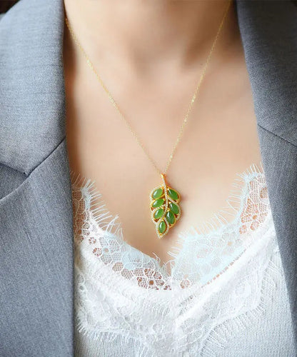 Beautiful Green Jade Zircon Leaf Pendant Necklace Ada Fashion