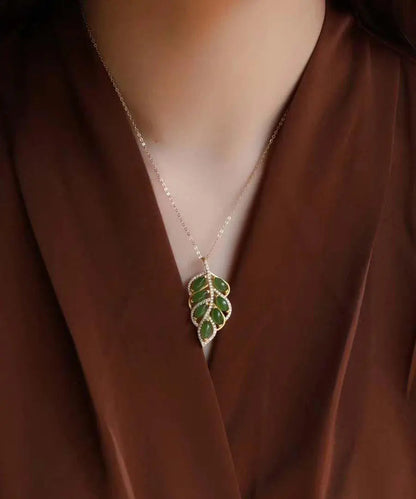 Beautiful Green Jade Zircon Leaf Pendant Necklace Ada Fashion