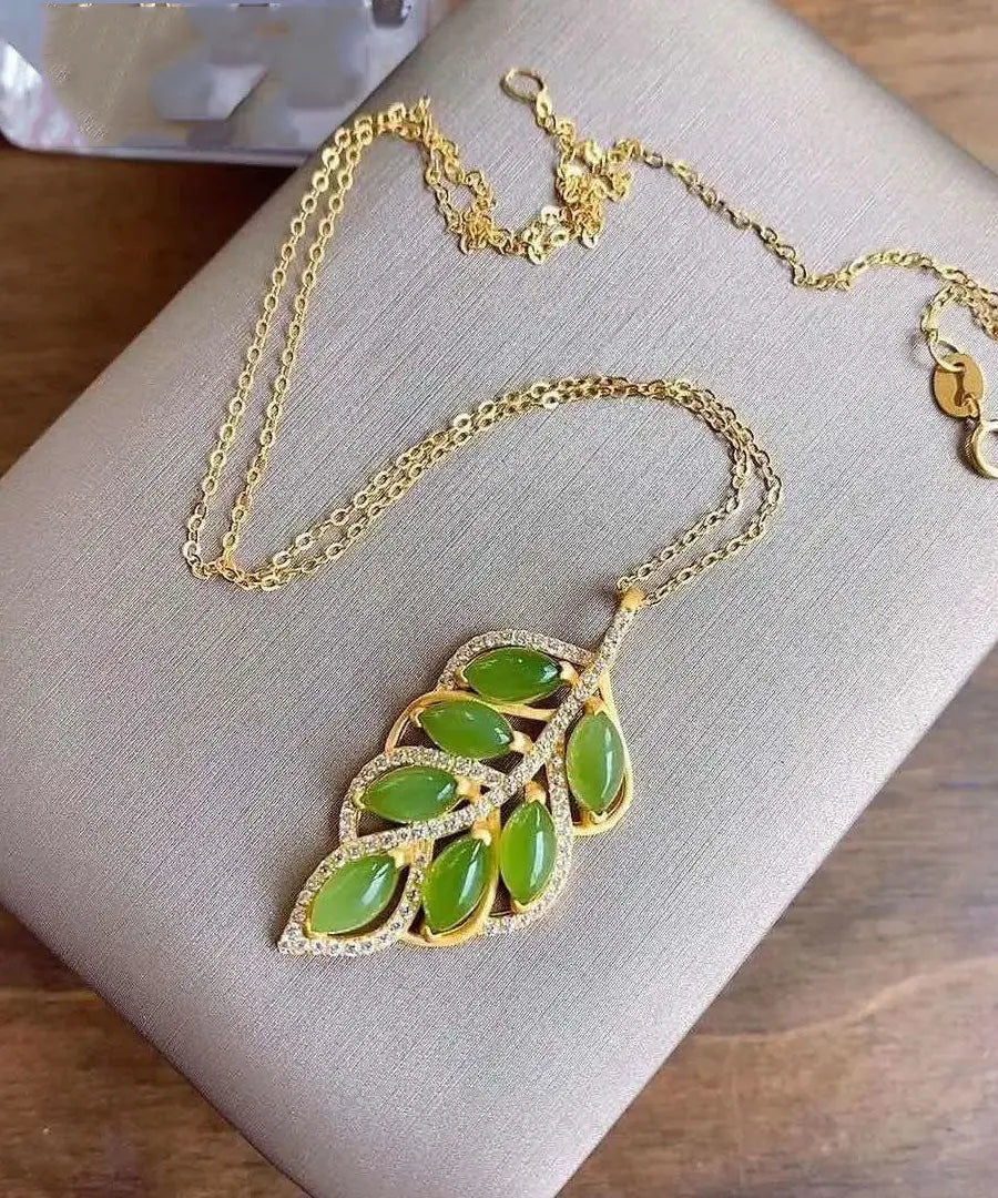 Beautiful Green Jade Zircon Leaf Pendant Necklace Ada Fashion