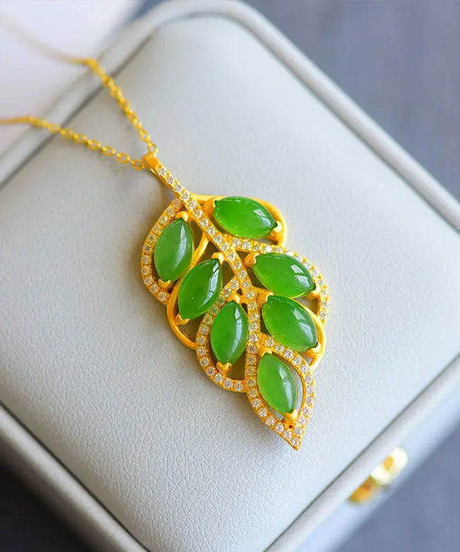 Beautiful Green Jade Zircon Leaf Pendant Necklace Ada Fashion