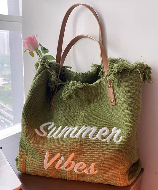 Beautiful Green Letter Embroidery Canvas Oversize Tote Handbag LY1395