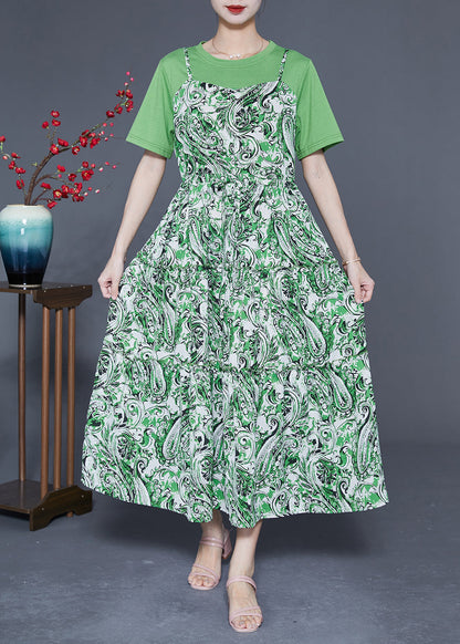 Beautiful Green O-Neck Patchwork Exra Large Hem Chiffon Fake Two Piece Dresses Summer LY1822 - fabuloryshop