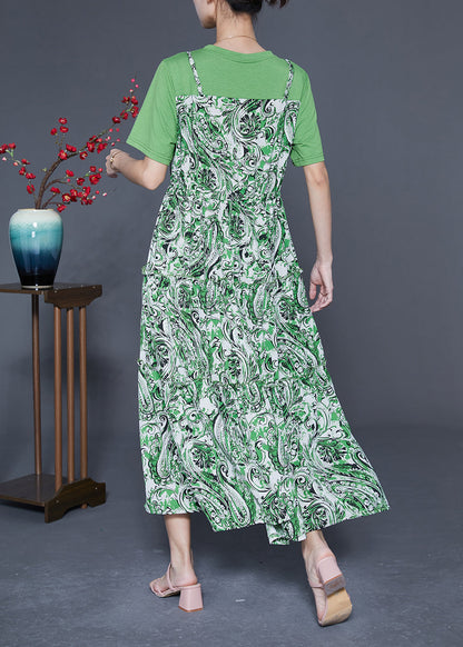 Beautiful Green O-Neck Patchwork Exra Large Hem Chiffon Fake Two Piece Dresses Summer LY1822 - fabuloryshop