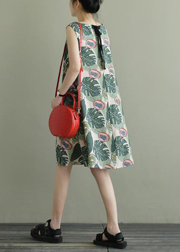 Beautiful Green O-Neck Print Bow Cotton A Line Dress Sleeveless LY0902 - fabuloryshop
