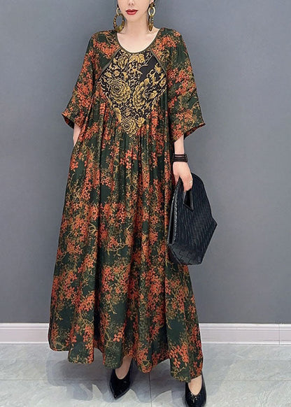 Beautiful Green O Neck Print Patchwork Cotton Maxi Dresses Spring LC0347 - fabuloryshop