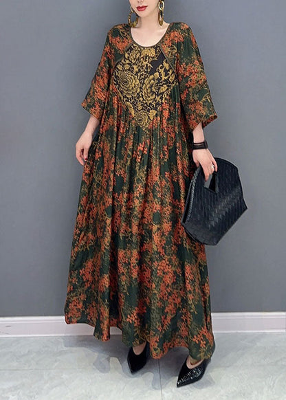 Beautiful Green O Neck Print Patchwork Cotton Maxi Dresses Spring LC0347 - fabuloryshop