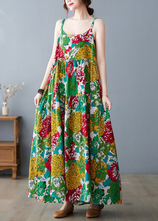 Beautiful Green O-Neck Print Wrinkled Cotton Slip Long Dress Summer Ada Fashion