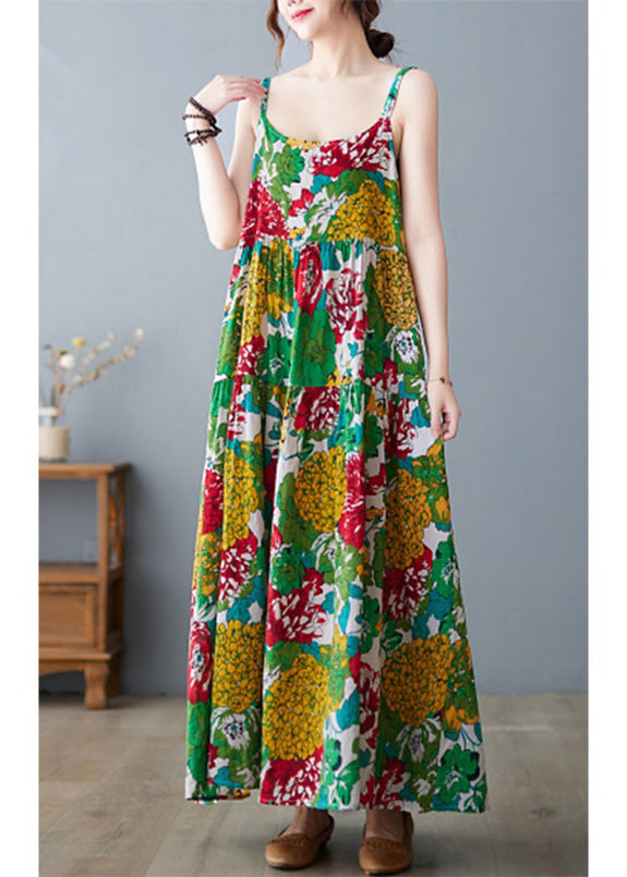 Beautiful Green O-Neck Print Wrinkled Cotton Slip Long Dress Summer Ada Fashion