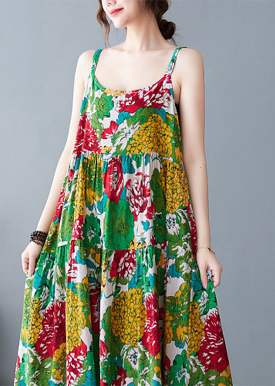 Beautiful Green O-Neck Print Wrinkled Cotton Slip Long Dress Summer Ada Fashion