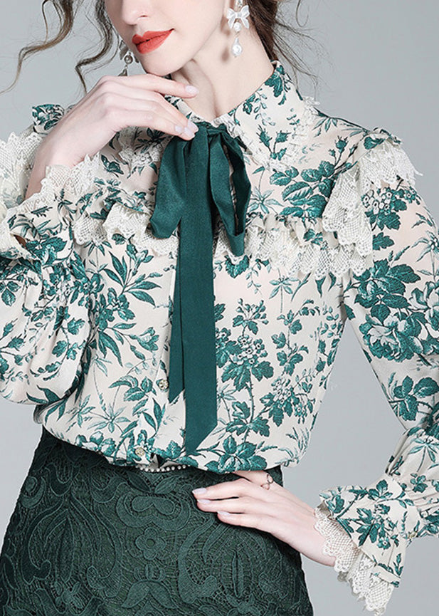 Beautiful Green Peter Pan Collar Print Button Silk Shirt Long Sleeve LY0131 - fabuloryshop