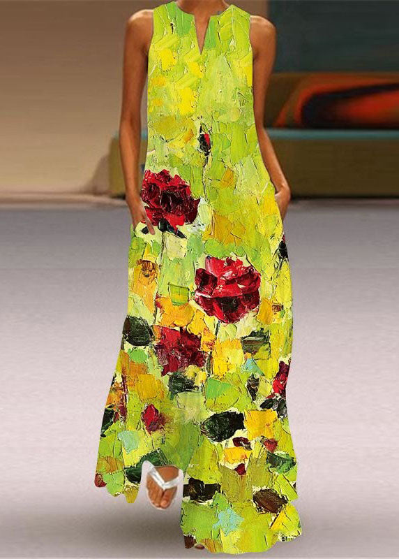 Beautiful Green Print Pockets Chiffon Beach Dress Sleeveless LY1924 - fabuloryshop