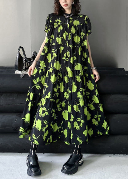 Beautiful Green Print Wrinkled Patchwork Cotton Long Dresses Summer Ada Fashion