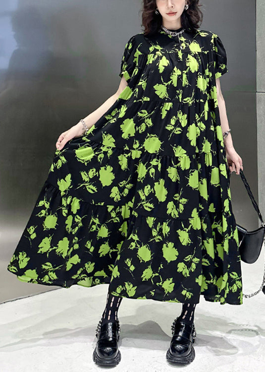 Beautiful Green Print Wrinkled Patchwork Cotton Long Dresses Summer Ada Fashion