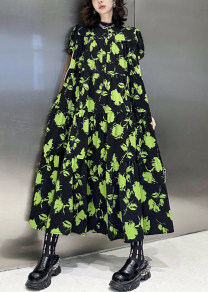 Beautiful Green Print Wrinkled Patchwork Cotton Long Dresses Summer Ada Fashion