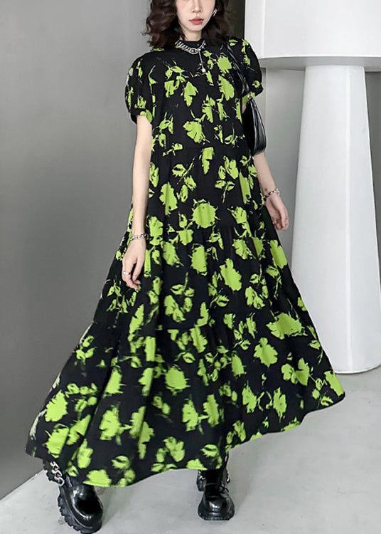 Beautiful Green Print Wrinkled Patchwork Cotton Long Dresses Summer Ada Fashion