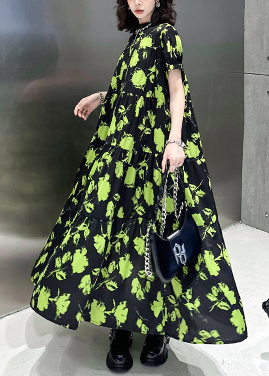 Beautiful Green Print Wrinkled Patchwork Cotton Long Dresses Summer Ada Fashion