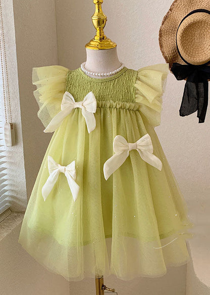 Beautiful Green Ruffled Bow Patchwork Tulle Kids Girls Princess Dress Summer LY6415 - fabuloryshop