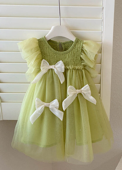 Beautiful Green Ruffled Bow Patchwork Tulle Kids Girls Princess Dress Summer LY6415 - fabuloryshop