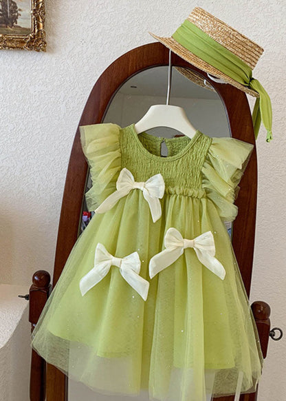 Beautiful Green Ruffled Bow Patchwork Tulle Kids Girls Princess Dress Summer LY6415 - fabuloryshop