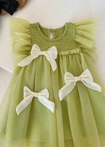 Beautiful Green Ruffled Bow Patchwork Tulle Kids Girls Princess Dress Summer LY6415 - fabuloryshop