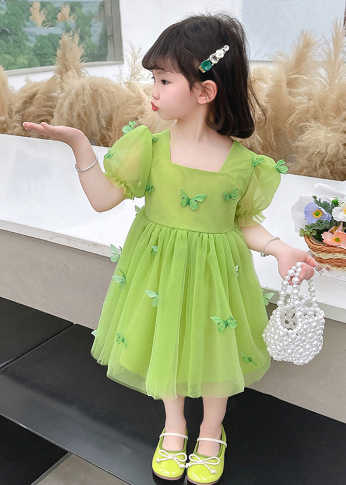 Beautiful Green Square Collar Patchwork Tulle Girls Long Dresses Short Sleeve Ada Fashion