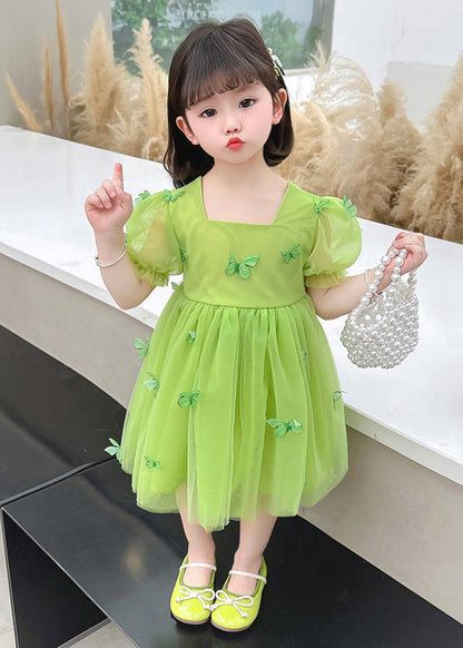 Beautiful Green Square Collar Patchwork Tulle Girls Long Dresses Short Sleeve Ada Fashion