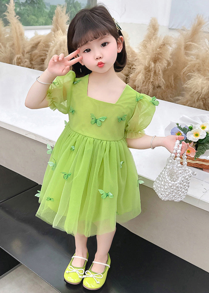 Beautiful Green Square Collar Patchwork Tulle Girls Long Dresses Short Sleeve Ada Fashion