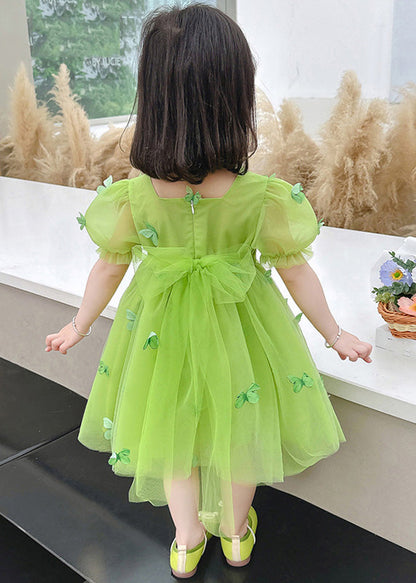 Beautiful Green Square Collar Patchwork Tulle Girls Long Dresses Short Sleeve Ada Fashion