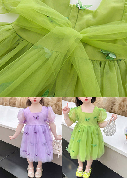 Beautiful Green Square Collar Patchwork Tulle Girls Long Dresses Short Sleeve Ada Fashion