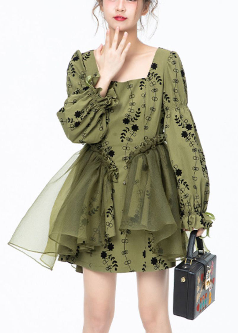 Beautiful Green Square Collar Print Tulle Patchwork Mid Dresses Long Sleeve LY0805 - fabuloryshop