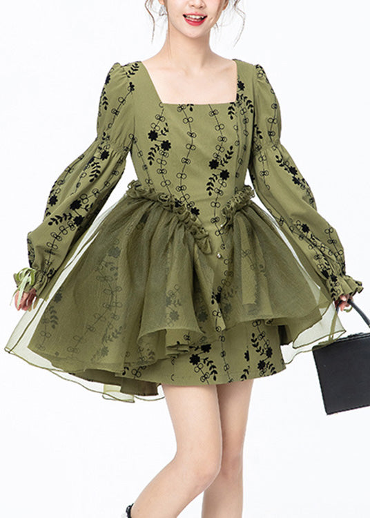 Beautiful Green Square Collar Print Tulle Patchwork Mid Dresses Long Sleeve LY0805 - fabuloryshop