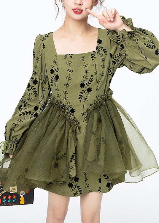 Beautiful Green Square Collar Print Tulle Patchwork Mid Dresses Long Sleeve LY0805 - fabuloryshop