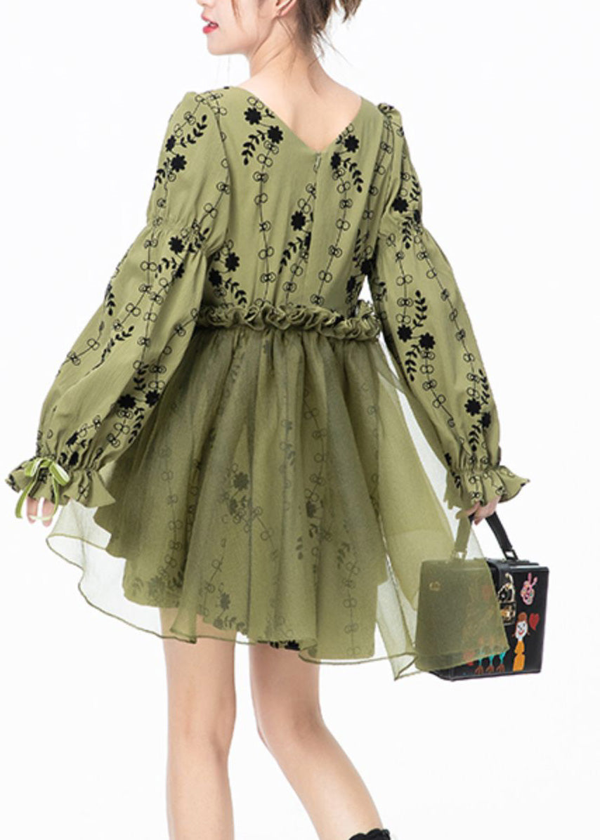 Beautiful Green Square Collar Print Tulle Patchwork Mid Dresses Long Sleeve LY0805 - fabuloryshop