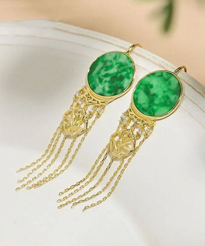 Beautiful Green Sterling Silver Tie Dye Round Tassel Jadeite Drop Earrings Ada Fashion