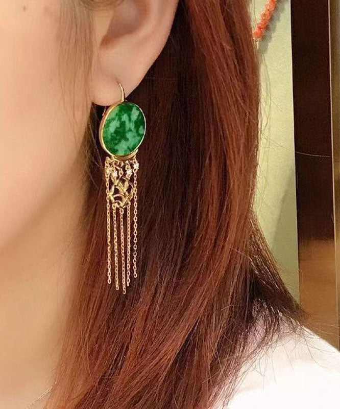 Beautiful Green Sterling Silver Tie Dye Round Tassel Jadeite Drop Earrings TW1022 - fabuloryshop