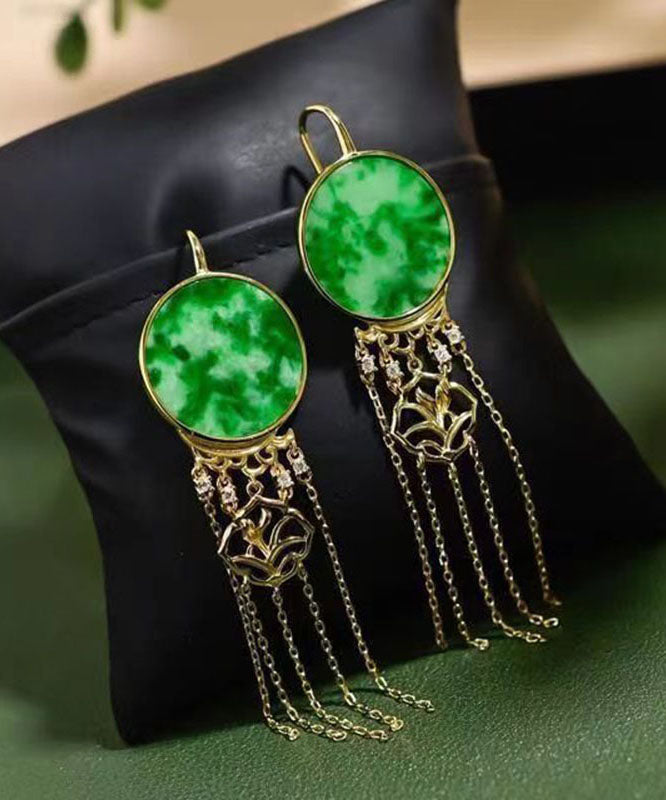 Beautiful Green Sterling Silver Tie Dye Round Tassel Jadeite Drop Earrings TW1022 - fabuloryshop