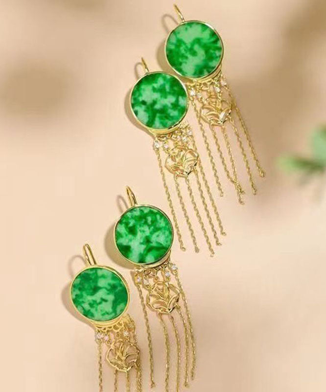 Beautiful Green Sterling Silver Tie Dye Round Tassel Jadeite Drop Earrings Ada Fashion