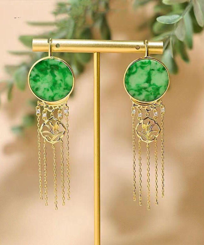 Beautiful Green Sterling Silver Tie Dye Round Tassel Jadeite Drop Earrings Ada Fashion