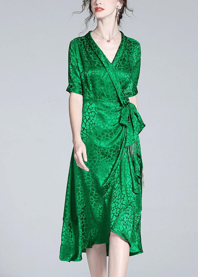 Beautiful Green V Neck Print Bow Tunic Maxi Dress Short Sleeve LY0966 - fabuloryshop
