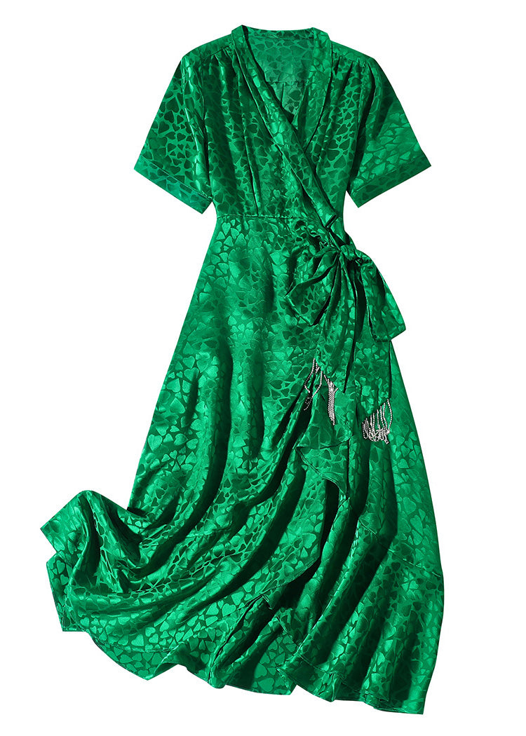 Beautiful Green V Neck Print Bow Tunic Maxi Dress Short Sleeve LY0966 - fabuloryshop