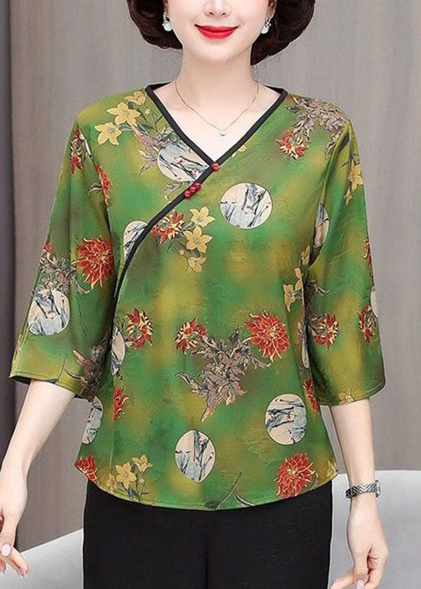 Beautiful Green V Neck Print Button Silk Tops Summer TI1003 - fabuloryshop