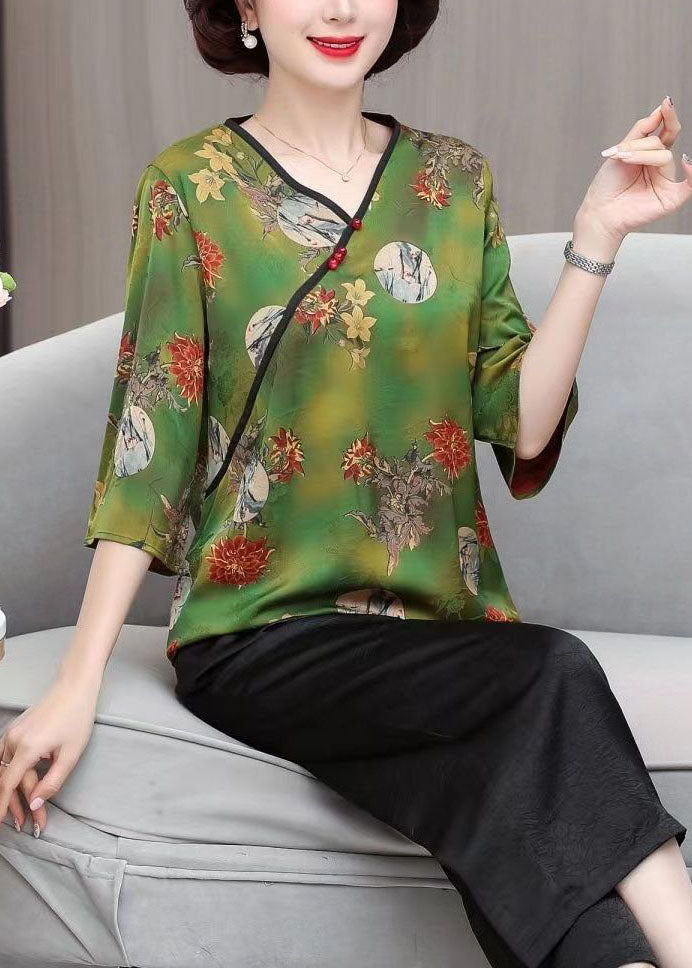 Beautiful Green V Neck Print Button Silk Tops Summer LY4494 - fabuloryshop