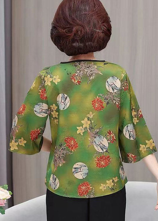 Beautiful Green V Neck Print Button Silk Tops Summer LY4494 - fabuloryshop