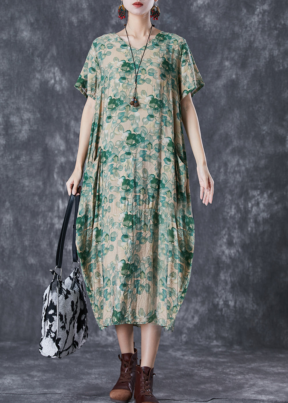 Beautiful Green V Neck Print Linen Robe Dresses Summer Ada Fashion