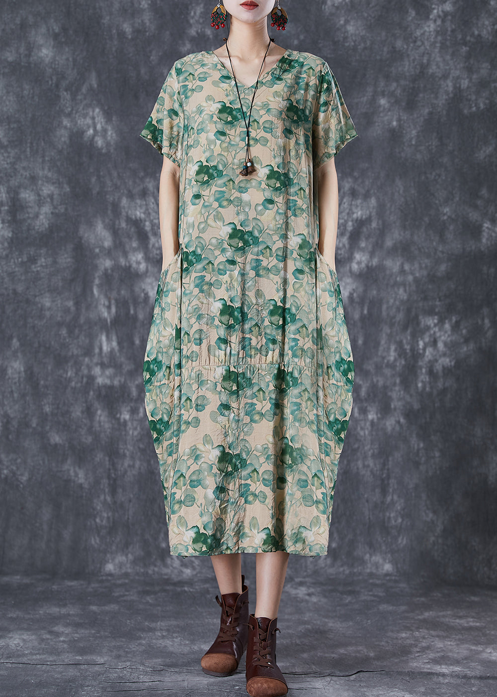 Beautiful Green V Neck Print Linen Robe Dresses Summer Ada Fashion