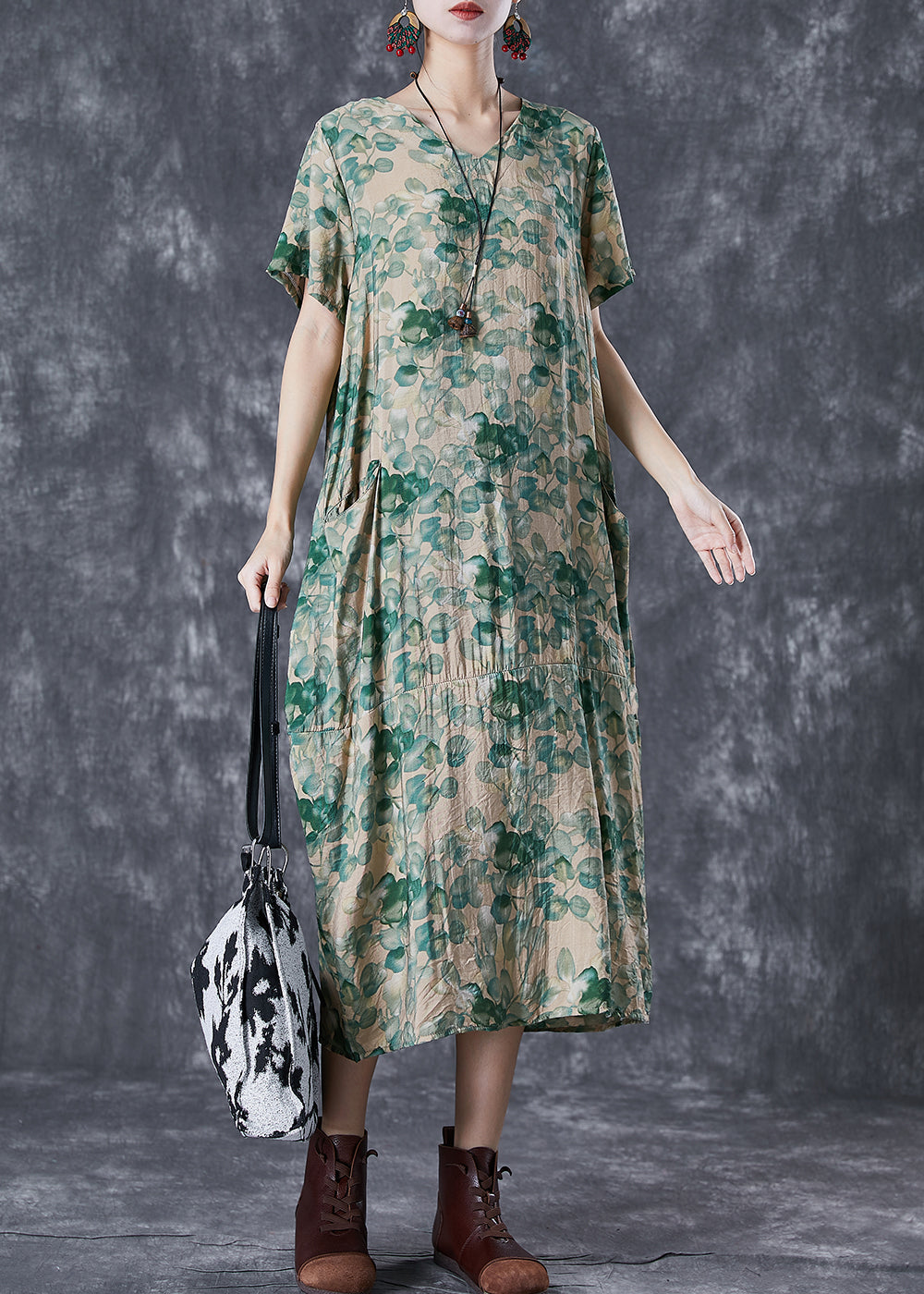 Beautiful Green V Neck Print Linen Robe Dresses Summer Ada Fashion