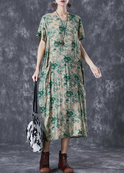 Beautiful Green V Neck Print Linen Robe Dresses Summer Ada Fashion