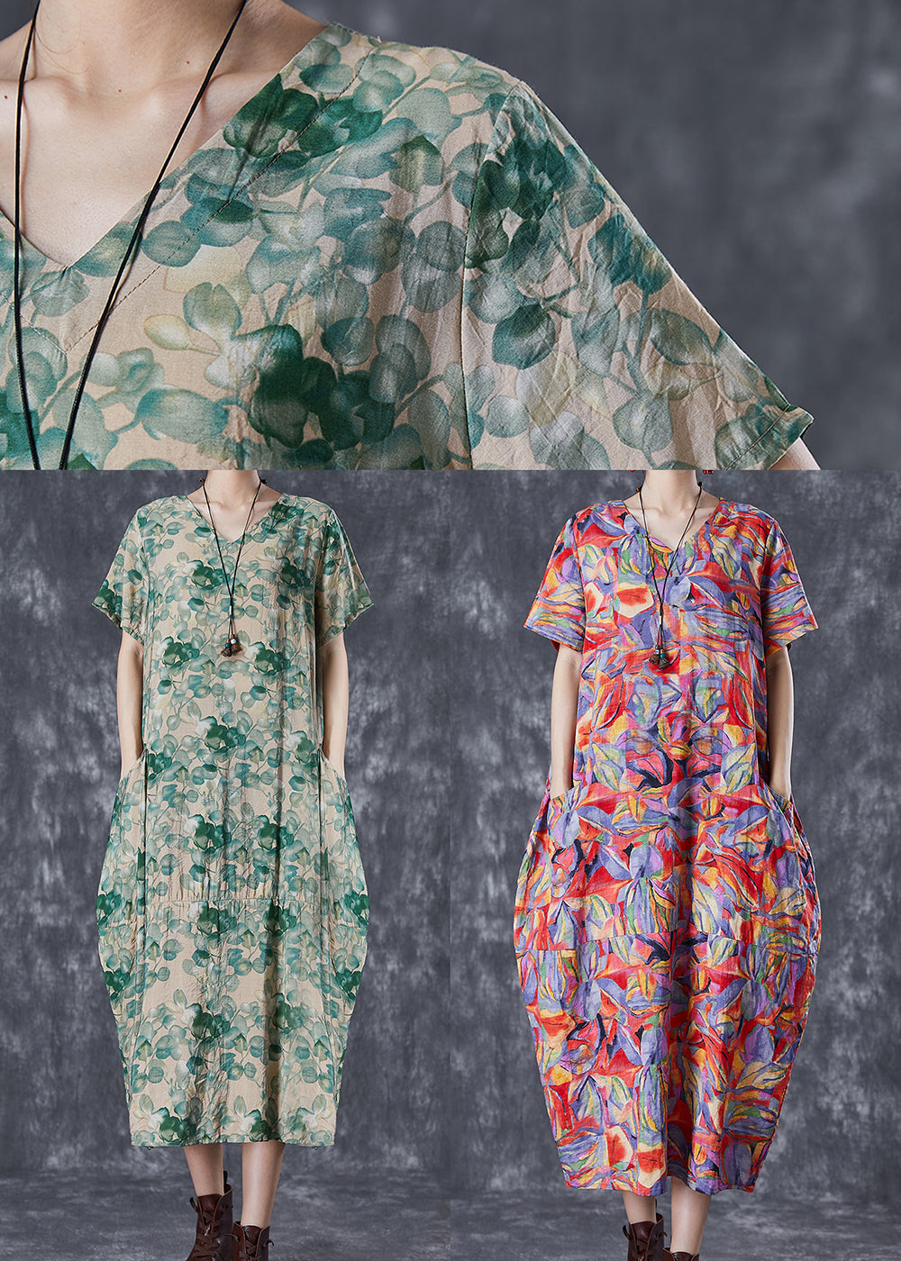 Beautiful Green V Neck Print Linen Robe Dresses Summer Ada Fashion