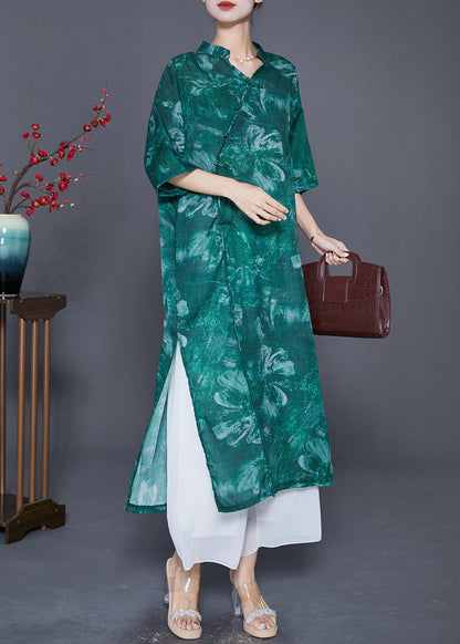 Beautiful Green V Neck Tie Dye Linen Long Dress Summer LY7622